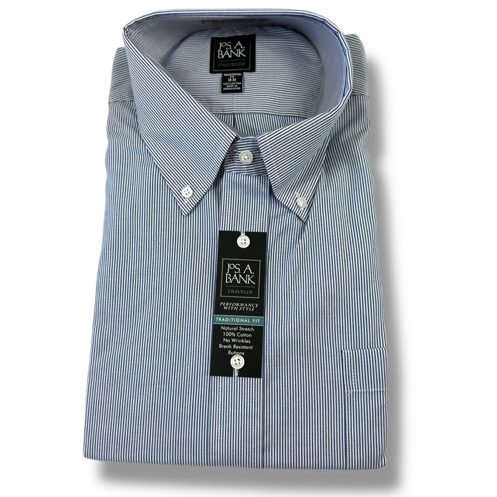 Jos A Bank Traveler NWT Men’s Size 18-35 Blue Stripe Long Sleeve Dress Shirt